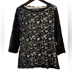 Charter Club black lace three-quarter sleeve elegant top blouse great cond (m)